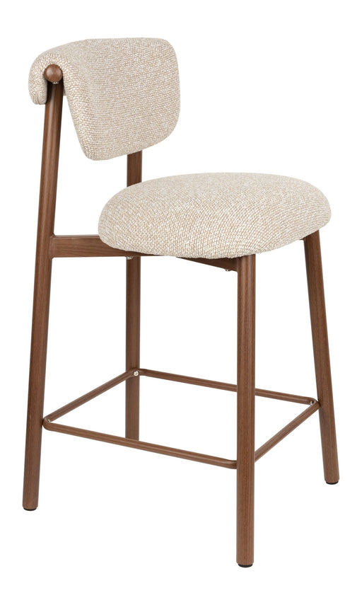 Barhocker Lee mit beigem Stoffbezug und braunem Metallgestell in Gesamtansicht.