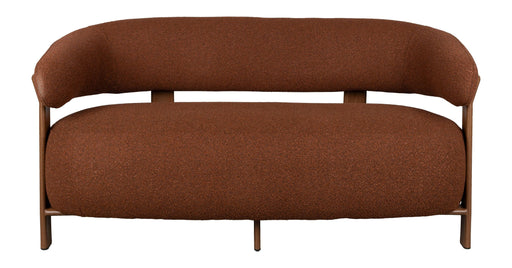 Zweisitzer-Sofa Robyn in Braun mit gepolsterter Rückenlehne und Metallgestell, Gesamtansicht von vorne.