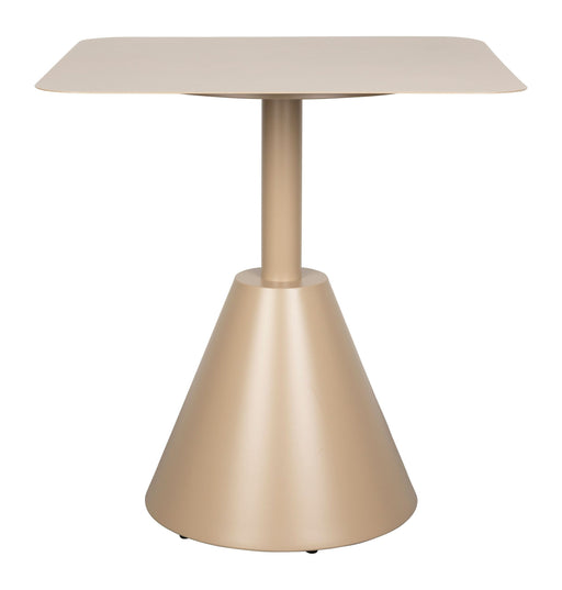Gesamtansicht des Bistrotisch Fabby Beige mit rechteckiger Tischplatte und konischem Metallgestell in Beige.