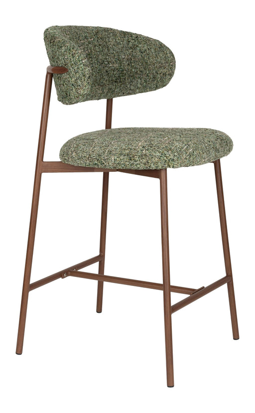 Barhocker Claes mit grünem Wollmix-Bezug und Metallgestell in Walnuss-Optik, Gesamtansicht von vorne.