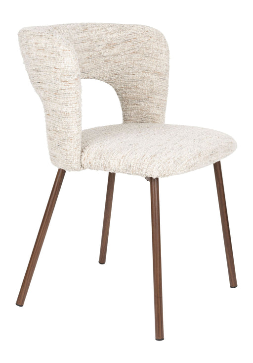 Esszimmerstuhl Chelsea im 2er-Set in Beige mit geschwungener Rückenlehne und dunkelbraunem Metallgestell, Gesamtansicht.
