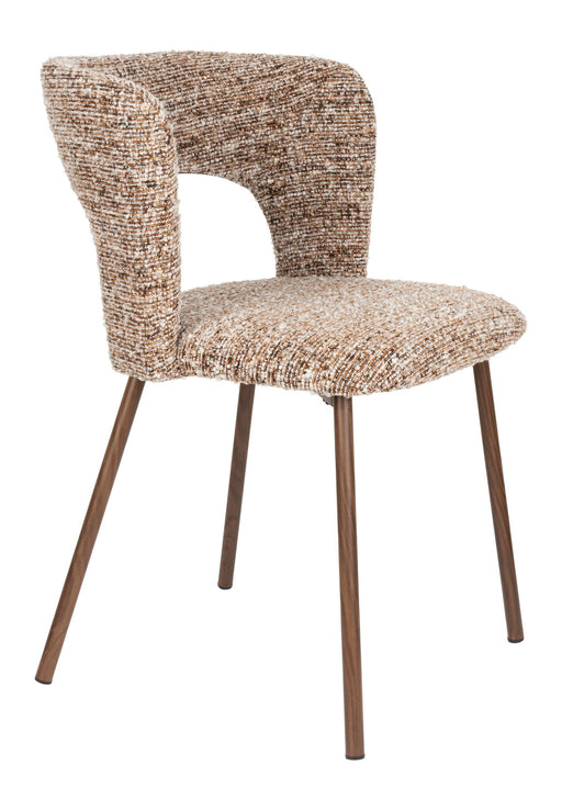 Esszimmerstuhl Chelsea mit beige-braunem Polsterbezug und dunklem Metallgestell in Gesamtansicht.