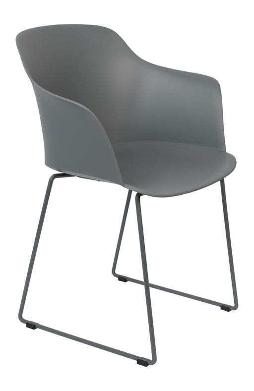 Sessel Tango im 2er-Set in Grau mit geschwungenem Kunststoffsitz und schwarzem Stahlgestell in Gesamtansicht.