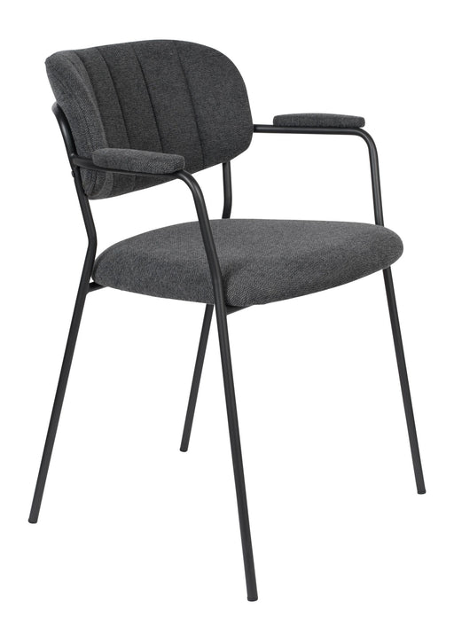 Sessel Jolien im 2er-Set mit grauem Stoffbezug, vertikalem Nadelstreifen-Design und schwarzem Metallgestell, Gesamtansicht.