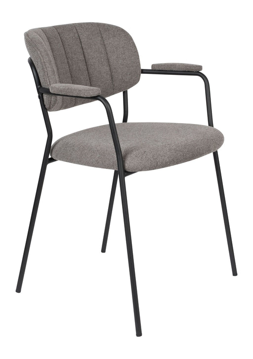 Sessel Jolien im 2er-Set mit grauem Stoffbezug und schwarzem Metallgestell, Gesamtansicht von vorne.