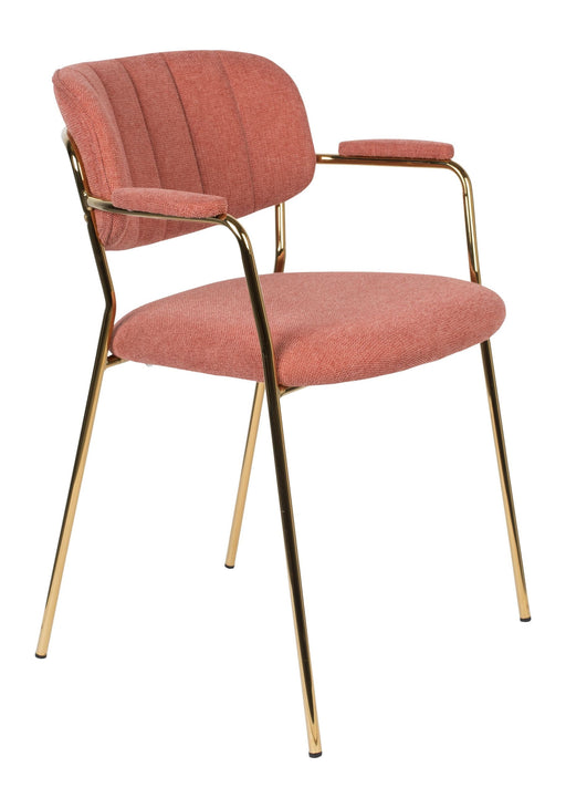Sessel Jolien mit gerippter Rückenlehne, rosa Stoffbezug und goldenem Metallgestell in Gesamtansicht.