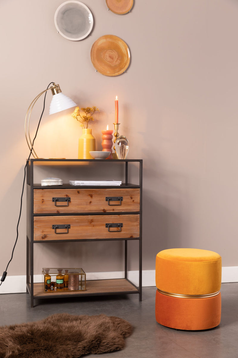 Hocker Bubbly Sun in Gelb mit Samtbezug und goldenem Ring, Ø35 cm