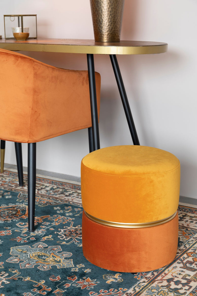Hocker Bubbly Sun in Gelb mit Samtbezug und goldenem Ring, Ø35 cm