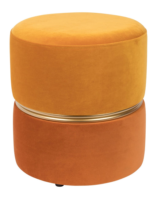 Hocker Bubbly Sun in Gelb mit Samtbezug und goldenem Metallring, Gesamtansicht von vorne.