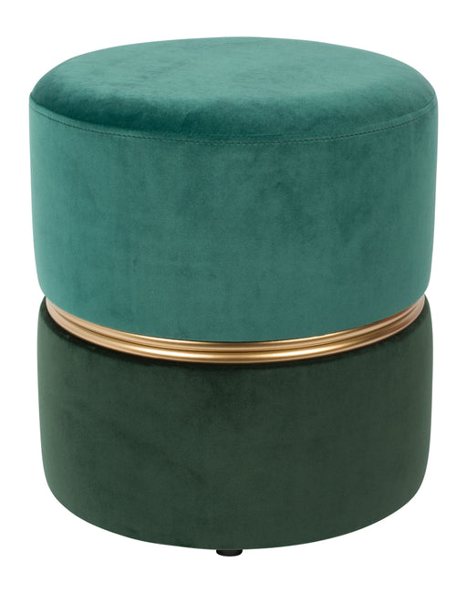 Hocker Bubbly Forest aus grünem Samt mit goldener Metallblende und dunkelgrünem unteren Stoffbereich in Gesamtansicht.
