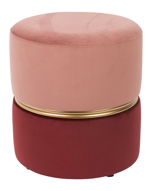 Hocker Bubbly Candy in Rosa mit goldenem Ring und Samtbezug, Gesamtansicht von vorne.