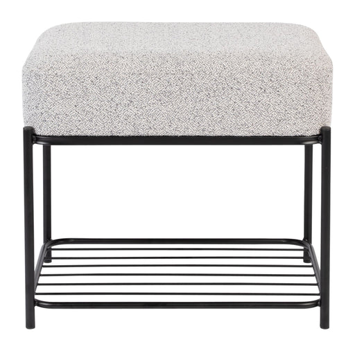 Hocker Milou rechteckig mit Stauraum in Grau mit schwarzem Metallgestell, Gesamtansicht von vorne.