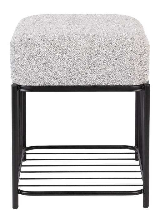 Hocker Milou Square in Grau mit gepolsterter Sitzfläche und schwarzem Metallgestell, Gesamtansicht.