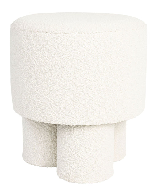 Hocker Marcos in Weiß mit Bouclé-Bezug, Gesamtansicht von vorne zeigend zylindrische Form mit drei zylindrischen Beinen.