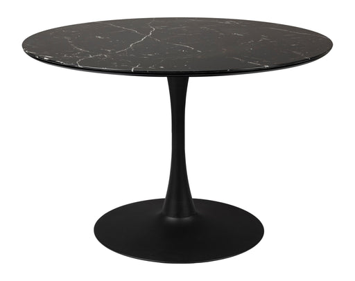 Esstisch Maru rund mit schwarzer Marmoroptik-Platte und konischem Metallgestell in Schwarz, Gesamtansicht.