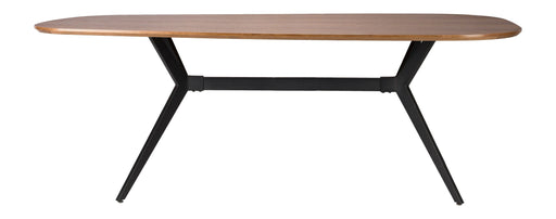 Esstisch Chase Organic mit ovaler Walnuss-Optik-Platte und schwarzem X-förmigem Eisengestell in Gesamtansicht.
