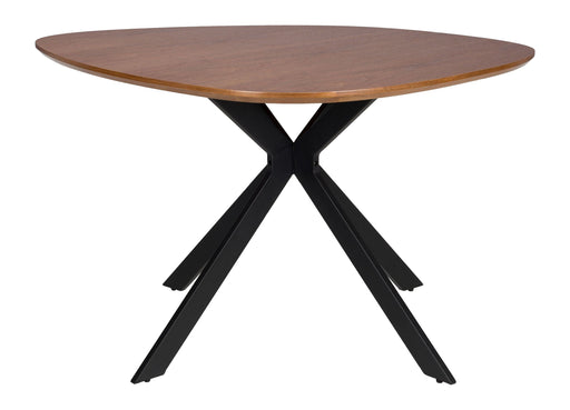 Esstisch Chase Organic Round mit ovaler Beige-Tischplatte und schwarzem X-förmigem Metallgestell in Gesamtansicht.