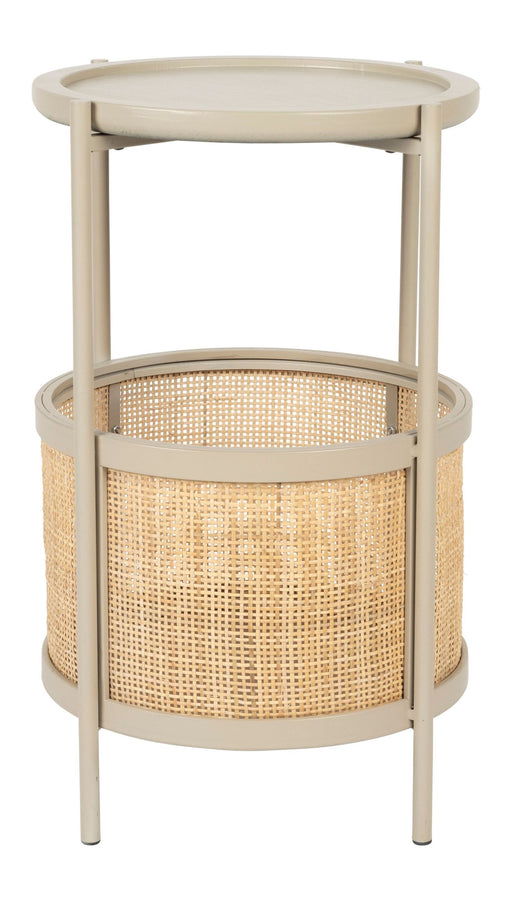 Beistelltisch Makoto rund mit beigefarbenem Metallgestell und Rattan-Stauraum in Gesamtansicht.