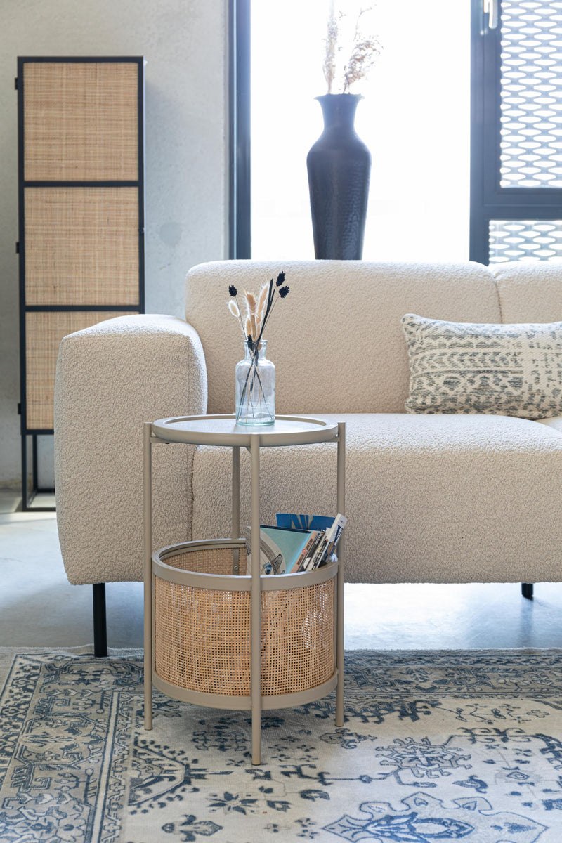 Beistelltisch Makoto rund mit Rattan-Stauraum, Beige im Japandi-Design