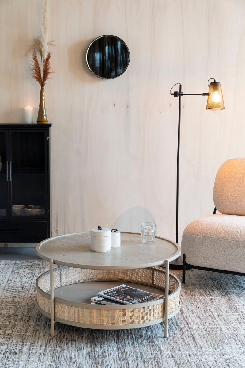 Couchtisch Makoto rund, Japandi-Stil mit Rattan-Details in Beige