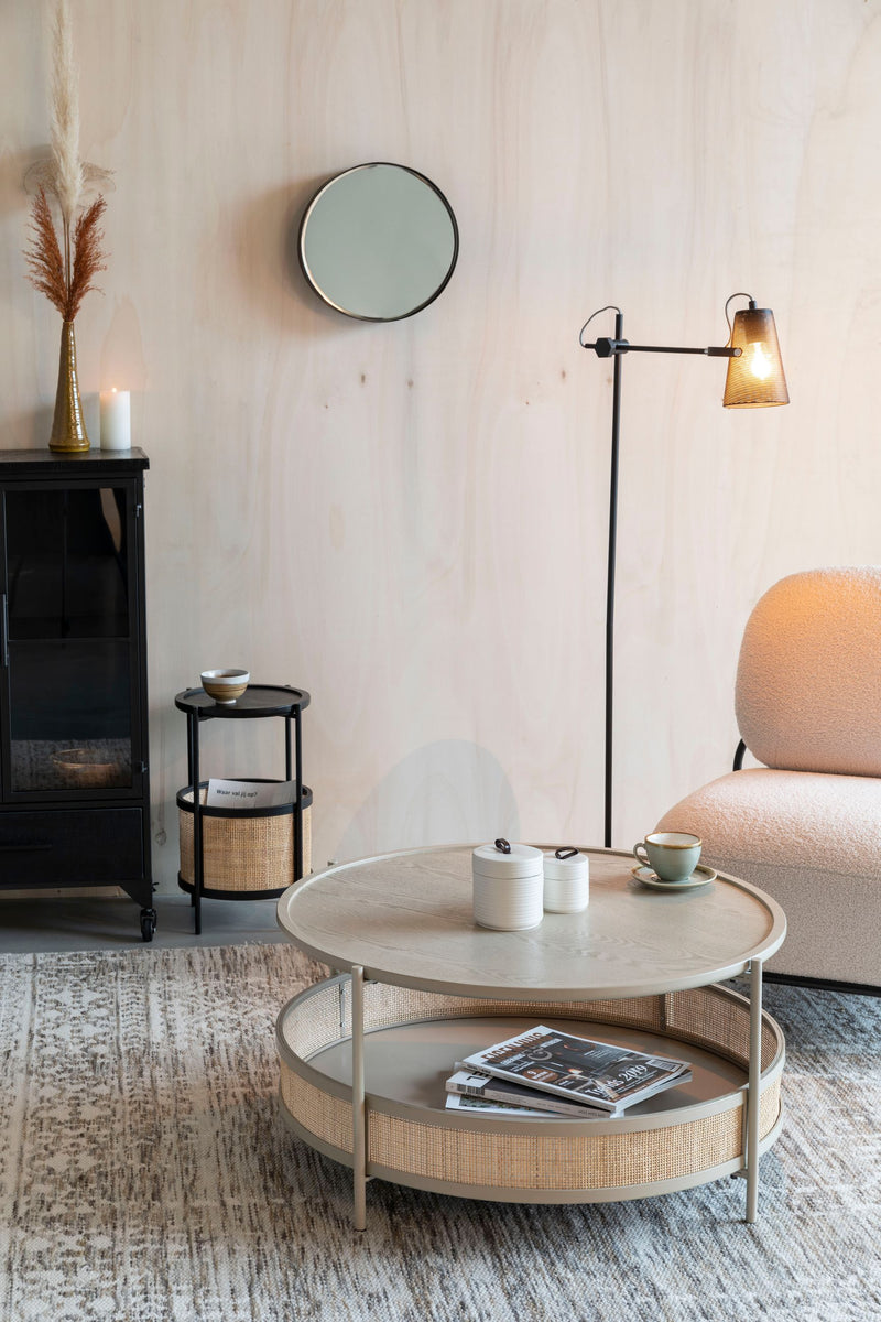 Couchtisch Makoto rund, Japandi-Stil mit Rattan-Details in Beige