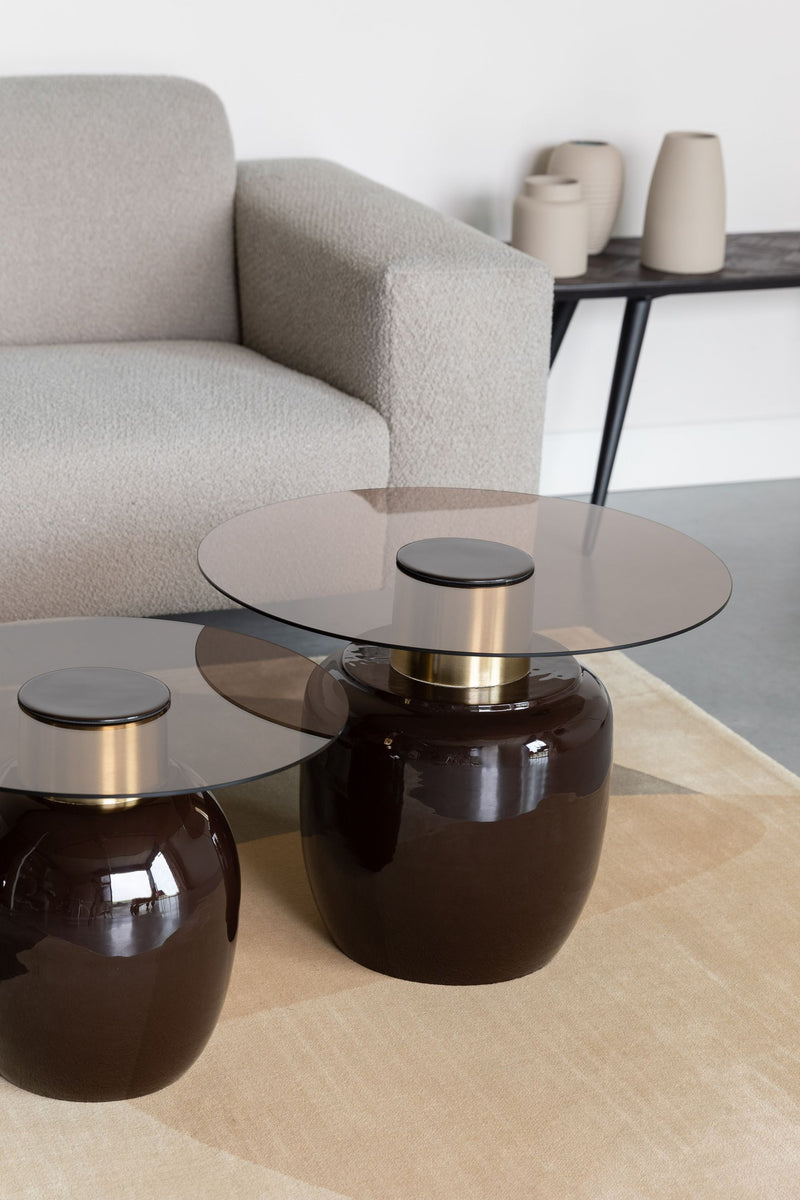 Beistelltisch Mohra L, rundes Glas mit goldfarbenem Metallgestell