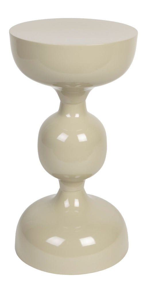 Beistelltisch Lars in Ivory, Gesamtansicht mit kugelförmigem Metallgestell und runder Tischplatte.