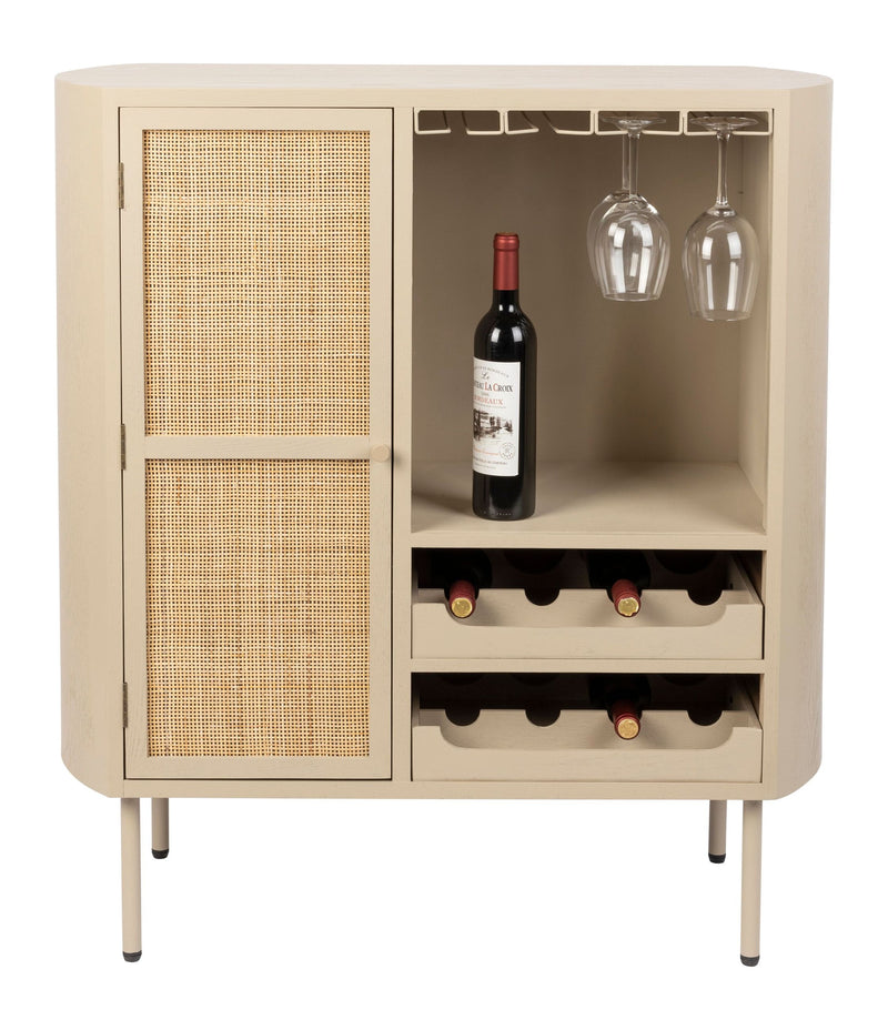 Weinschrank Amaya Low im Japandi-Stil mit Rattan-Tür, Beige, 90 cm