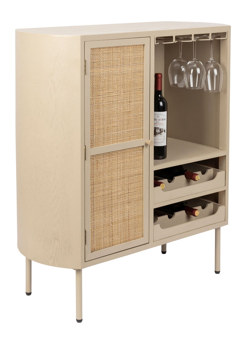Weinschrank Amaya Low im Japandi-Stil mit Rattan-Tür, Beige, 90 cm