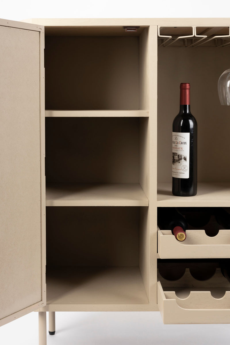 Weinschrank Amaya Low im Japandi-Stil mit Rattan-Tür, Beige, 90 cm