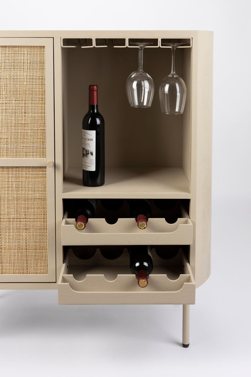 Weinschrank Amaya Low im Japandi-Stil mit Rattan-Tür, Beige, 90 cm