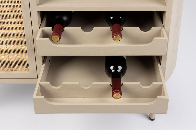 Weinschrank Amaya Low im Japandi-Stil mit Rattan-Tür, Beige, 90 cm