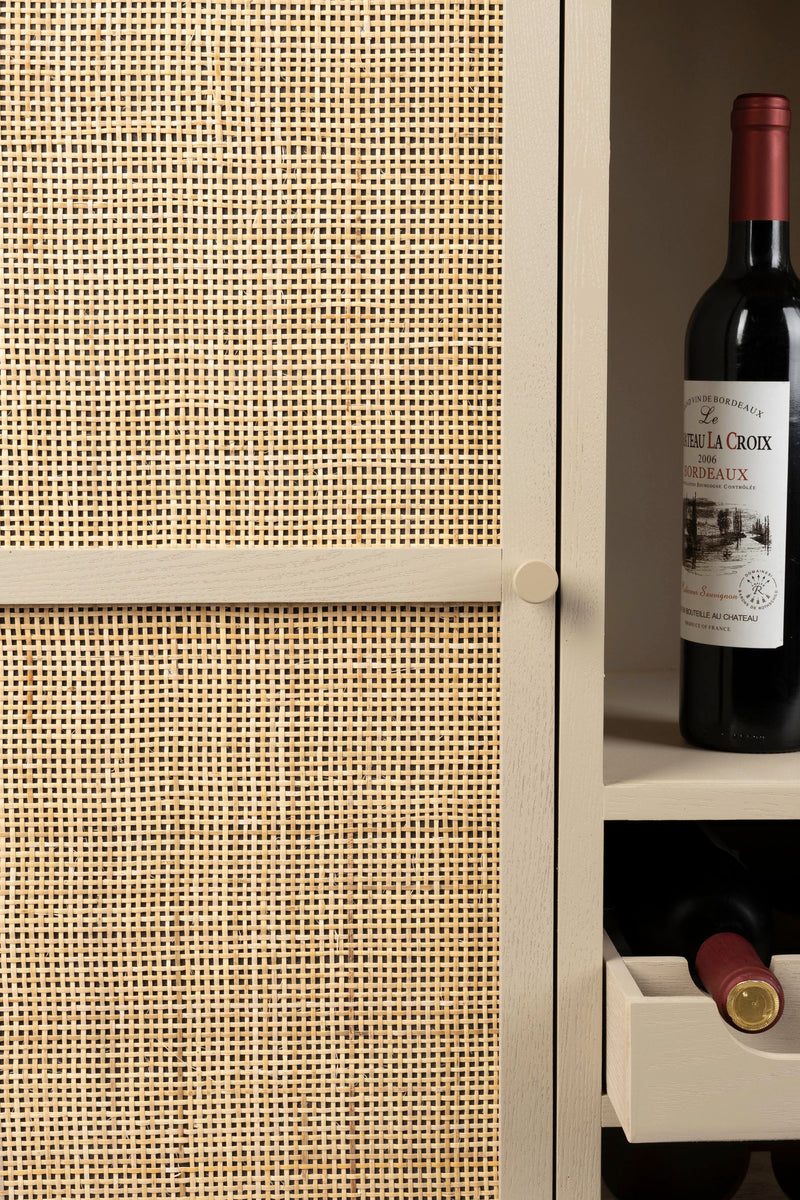 Weinschrank Amaya Low im Japandi-Stil mit Rattan-Tür, Beige, 90 cm