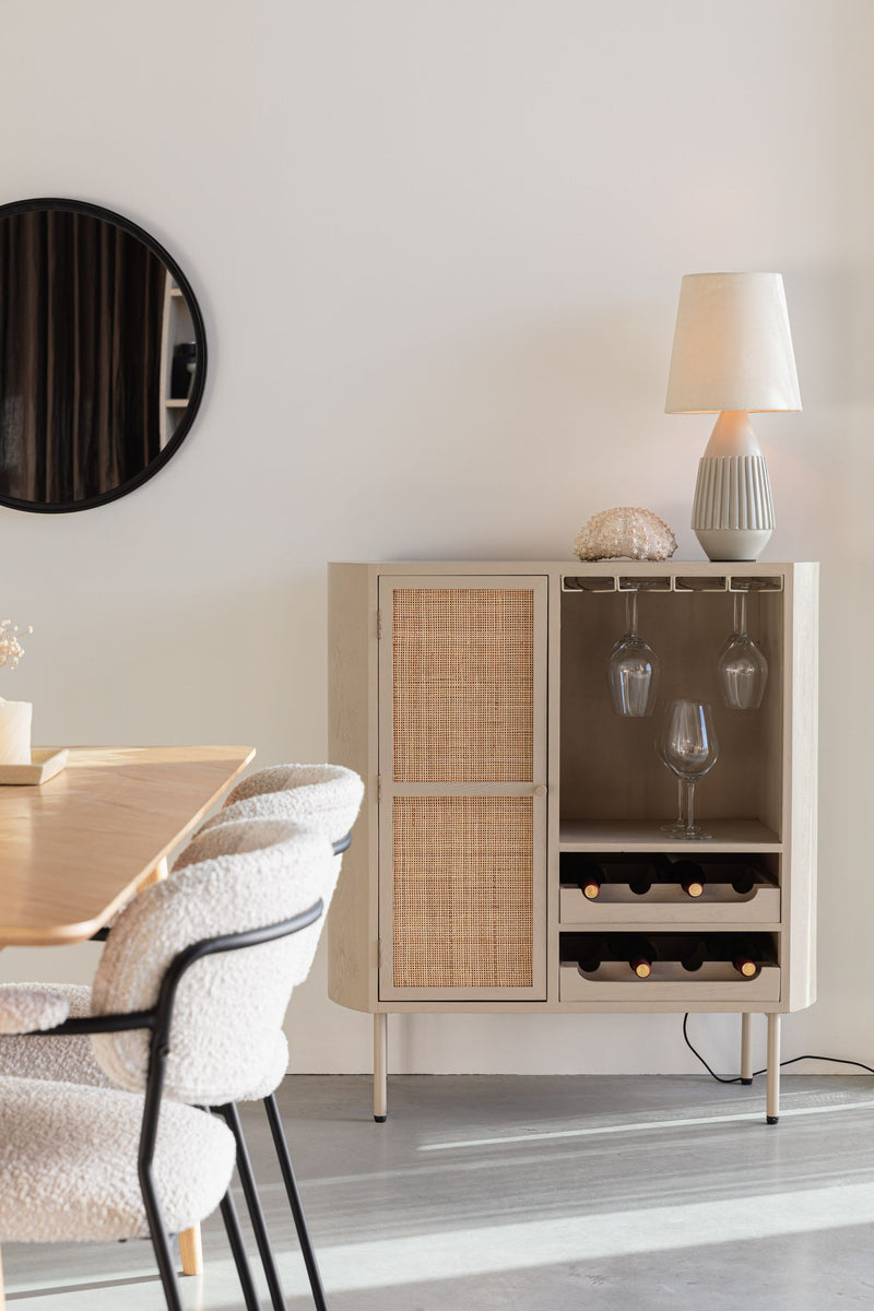 Weinschrank Amaya Low im Japandi-Stil mit Rattan-Tür, Beige, 90 cm