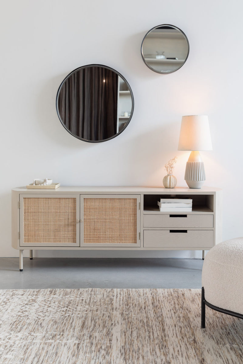 Sideboard Amaya im Japandi-Stil, Beige mit Rattantüren und Schubladen
