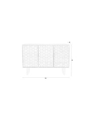 Technische Zeichnung des Sideboard Linc High in Schwarz mit Maßangaben und Draufsicht der drei Türfronten mit Sechseckmuster.