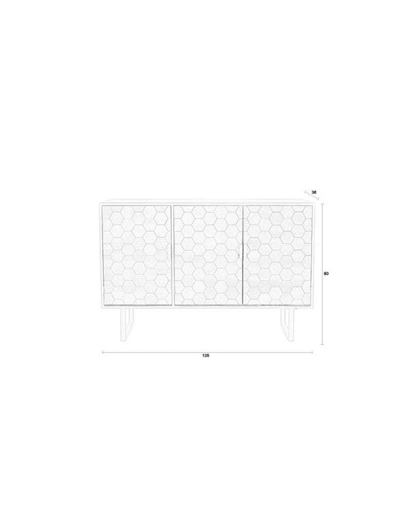 Technische Zeichnung des Sideboard Linc High in Schwarz mit Maßangaben und Draufsicht der drei Türfronten mit Sechseckmuster.