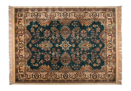 Teppich Raz 200x300 cm mit dunkelgrünem Grund, orientalischem Muster in Gold und Creme, Gesamtansicht.