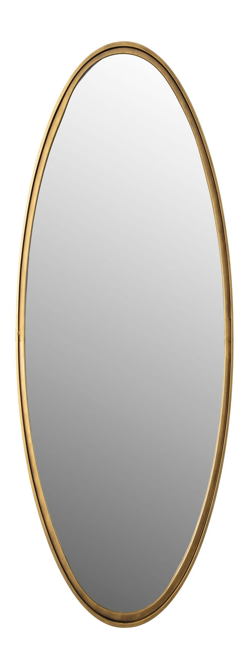 Wandspiegel Matz Oval in Antique Brass mit schmalem Metallrahmen in Gesamtansicht.