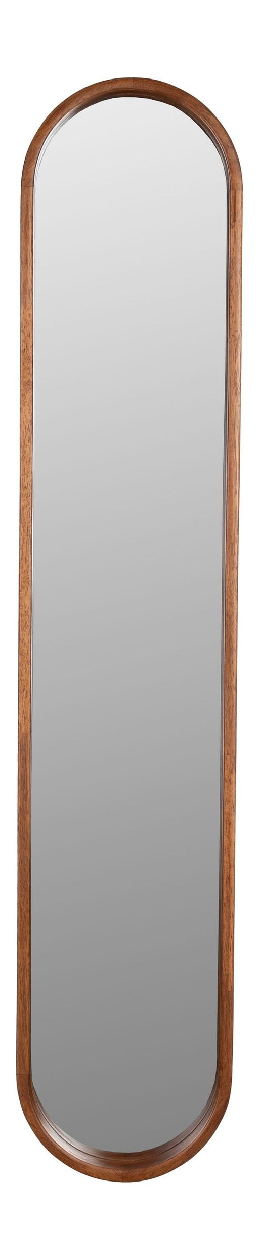 Ovaler Wandspiegel Nyko mit schmalem Rahmen aus Gummibaumholz in Beige, Gesamtansicht.