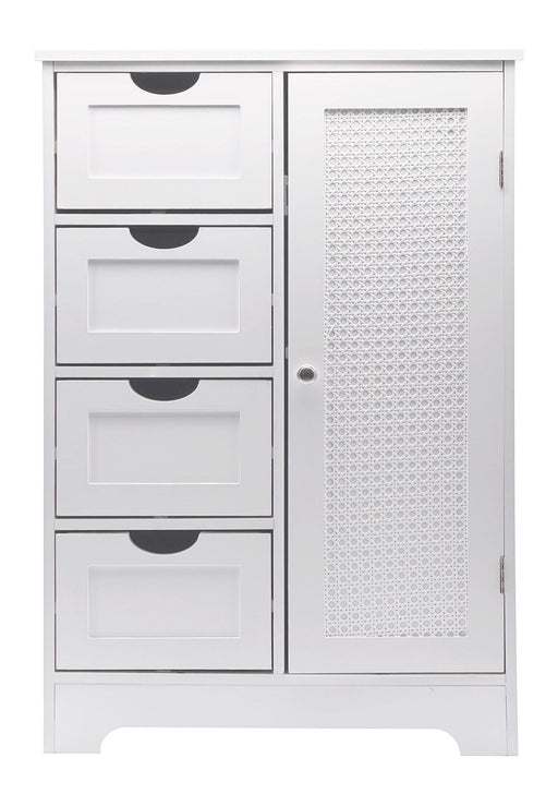 Badschrank mit Wiener Geflecht in Weiß mit vier Schubladen links und Glastür rechts, Gesamtansicht.