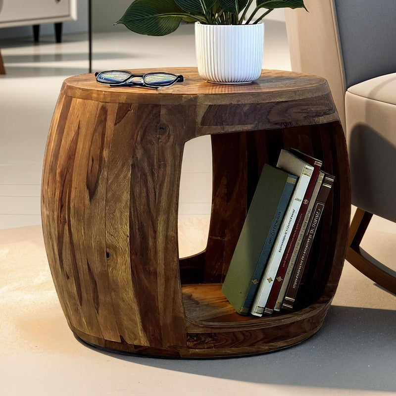 Beistelltisch Sheesham Massivholz rund mit Ablagefach im Naturdesign