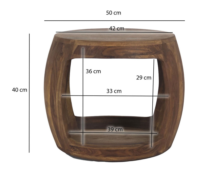 Beistelltisch Sheesham Massivholz rund mit Ablagefach im Naturdesign