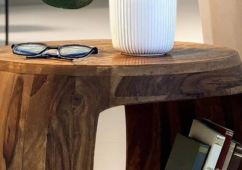 Beistelltisch Sheesham Massivholz rund mit Ablagefach im Naturdesign