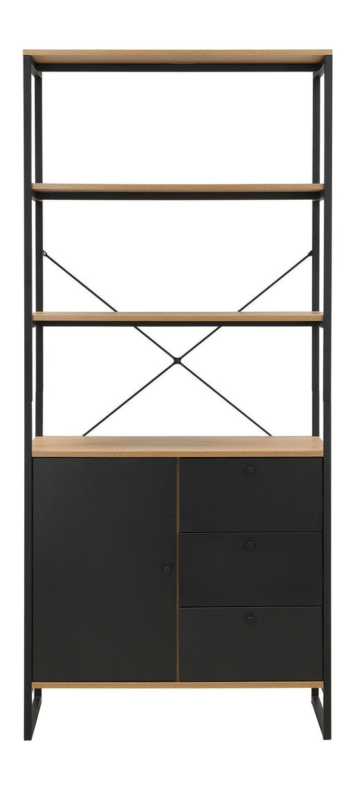 Bücherregal Wohnling 180 cm im Industrial-Look mit drei offenen Fächern, X-Gittern und schwarzem Unterschrank.