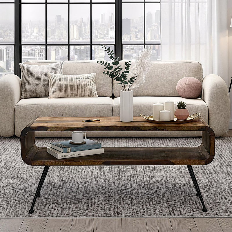 Couchtisch Sheesham Massivholz 100cm mit Ablagefach, Industrial Design