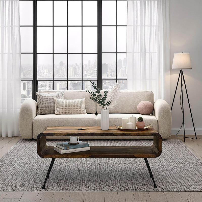 Couchtisch Sheesham Massivholz 100cm mit Ablagefach, Industrial Design