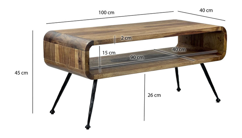 Couchtisch Sheesham Massivholz 100cm mit Ablagefach, Industrial Design