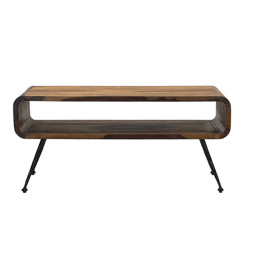 Couchtisch Sheesham Massivholz 100cm mit schwarzen Metallbeinen und offener Ablage in Gesamtansicht.