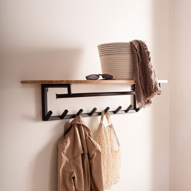 Garderobe Akazie Massivholz mit Metallrahmen Schwarz, 8 Haken & Ablage